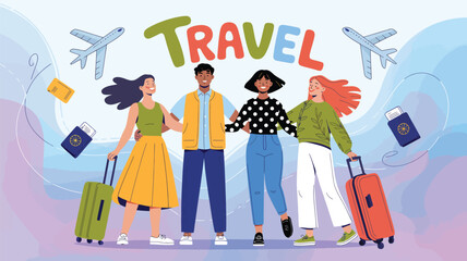Group of travelers with suitcases ready for a journey, surrounded by colorful travel icons, airplanes, passports, and a bold “TRAVEL” heading