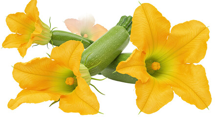Fresh zucchini vegetables surrounded by vibrant yellow blossoms image