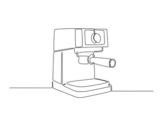 Modern coffee machine in single outline illustration. Continuous line art drawing of coffee machine for coffee shop.