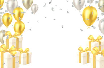 Anniversary and birthday celebration party illustration with shiny gold and silver balloons on white background with text and gift box