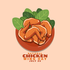 National Chicken Wing Day to celebrate on July 29th. A plate of chicken wings with vegetables on beige background. Food event background.