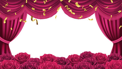 red curtains with red roses are opening for the anniversary and product launch of valuable items.