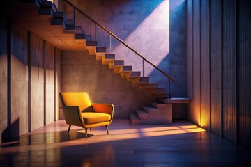 Serene Modern Interior Night Photography: Concrete Wall, Wooden Staircase, Minimalist Chair, Sunlight Shadows