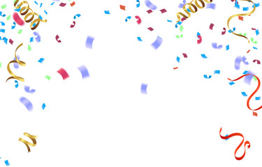 Cover with colored balloons, garlands and confetti on the white. celebration background template