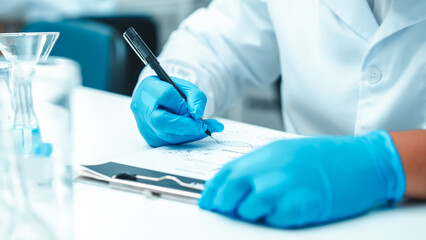Young Asian male scientist recording data in a modern laboratory. Wearing safety goggles and...
