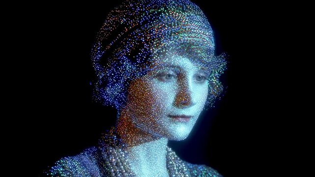 A holographic portrait of a flapper girl from the 1920s her image captured in a dazzling display of holographic technology.