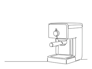 Modern coffee machine in single outline illustration. Continuous line art drawing of coffee machine for coffee shop.