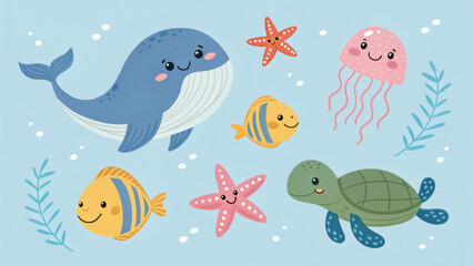 Obraz premium Cute Ocean Friends Seamless Pattern in Light Blues 