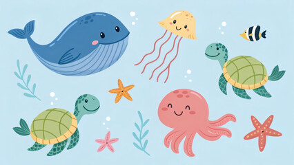Fototapeta premium Cute Ocean Friends Seamless Pattern in Light Blues 
