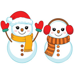 Jolly snowman group winter festival vector illustration isolated on white