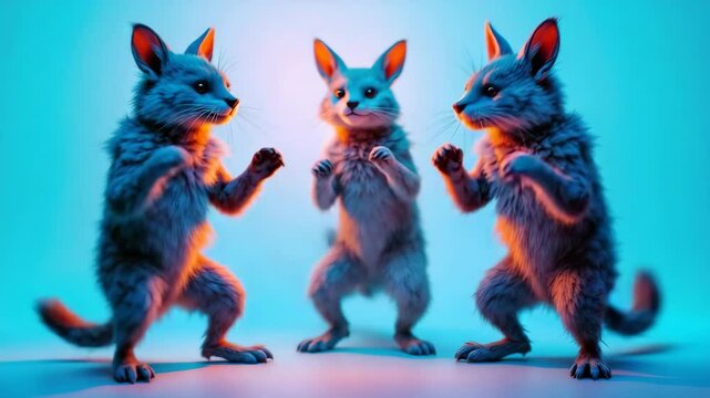 Three anthropomorphic foxes stand with paws up, bathed in teal and orange light on a soft background, full body shot
