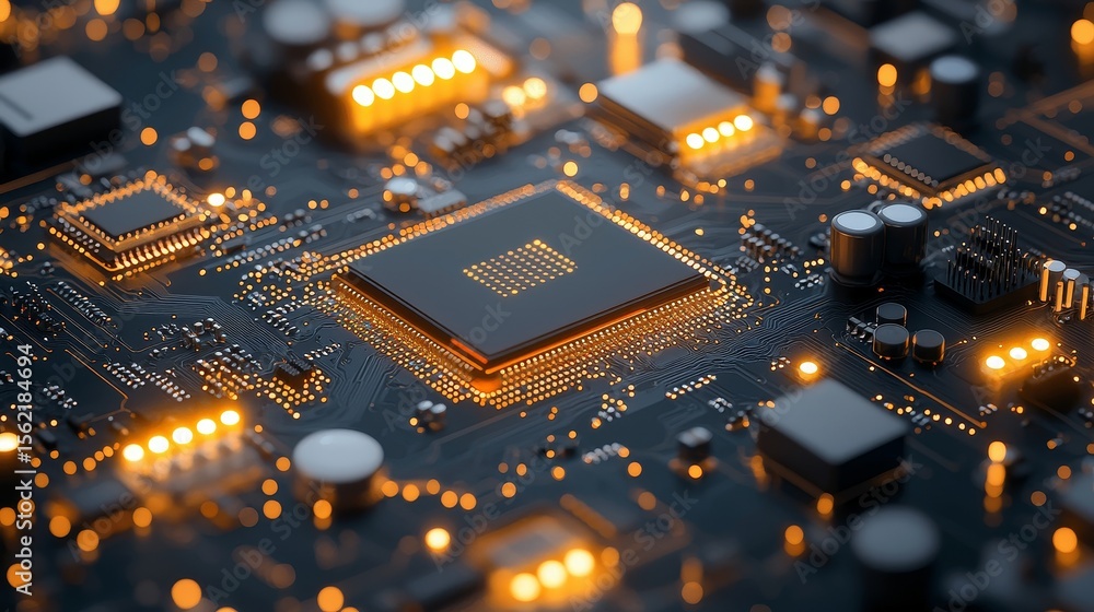 Poster technological innovation circuit board digital realm electronic components modern environment macro 