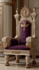 Majestic historical royal throne featuring intricate white and gold carvings and purple upholstery