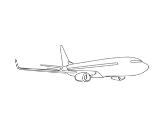 Aeroplane flying in single outline illustration. Continuous line art drawing of plane airbus.