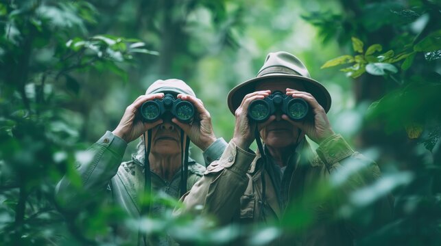 Experienced senior men peering through binoculars in vibrant green forest environment