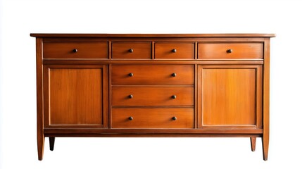 Traditional brown wood buffet cabinet featuring multiple storage drawers and closed doors