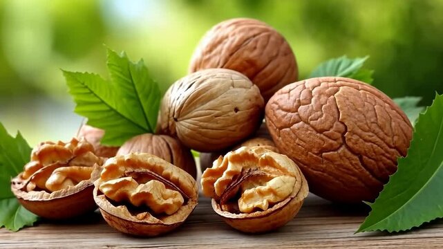 Fresh walnuts with green leaves arranged on a wooden table in a bright outdoor setting during daytime