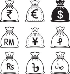 Currency Money Bag Icon Set Vector Illustration with Editable Stroke