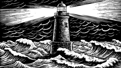 Fototapeta premium old lighthouse standing against stormy waves, ideal for storytelling book covers, sailing-themed branding or forearm tattoos a black and white line art illustration