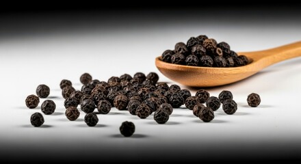 Whole Black Peppercorns Scattered on a White Surface with a Wooden Spoon