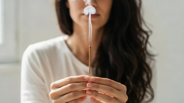Woman Holding Incense Stick with Smoke in Calm Indoor Setting
