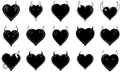 Vector illustration:  Mischievous devil hearts, black silhouette set.