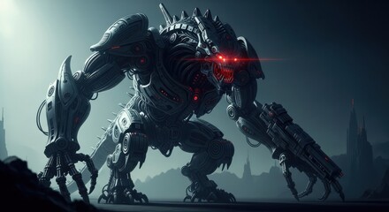 Fototapeta premium Massive alien cyborg war machine with glowing red eyes and advanced weaponry stands imposing in a desolate city landscape
