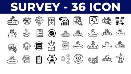 Set of survey web icons and collection of linear icons. Include subjects like question, opinion, satisfaction, research, review, task, poll, and answer, with editable stroke for customization.