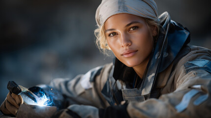 Young woman welding on a construction site with trenches