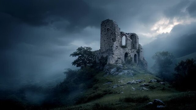 A decrepit abandoned castle shrouded in a dense fogfilled sky emitting an ominous atmosphere and surrounded by a sinister aura