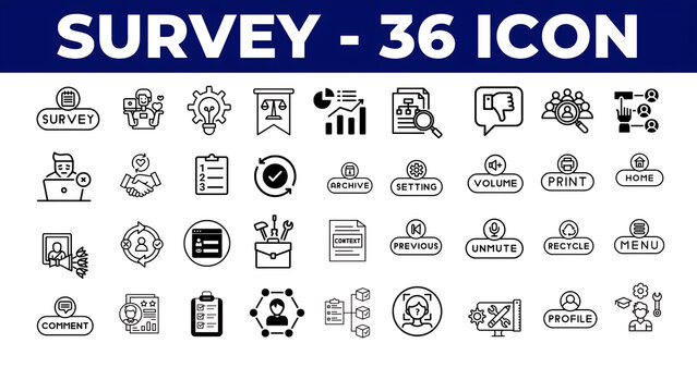 Set of survey web icons and collection of linear icons. Include subjects like question, opinion, satisfaction, research, review, task, poll, and answer, with editable stroke for customization.
