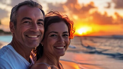 Romantic moment for couple on beach at sunset - Powered by Adobe