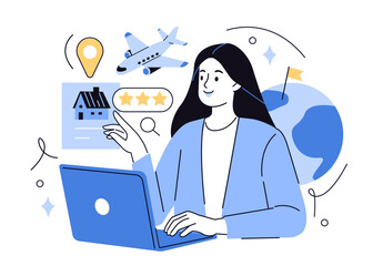 
Character planning, organizing tour, travel destination, buying airplane tickets, booking a hotel. Tourism concept. Vector illustration.