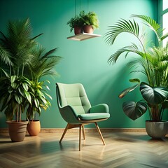 Fototapeta premium Levitation Chair Mid Air in Mint Room with Tropical Plants
