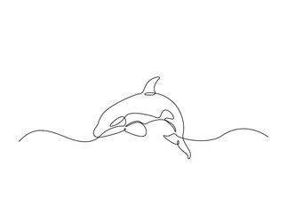 Obraz premium Killer whale in the ocean single outline illustration. Continuous line art drawing of orca killer whale.