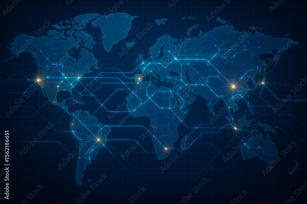 Poster global digital network interconnected world map