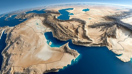 Detailed aerial view of the Middle East showcasing deserts, mountains, and water bodies.