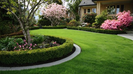 Lush garden, manicured lawn, home exterior