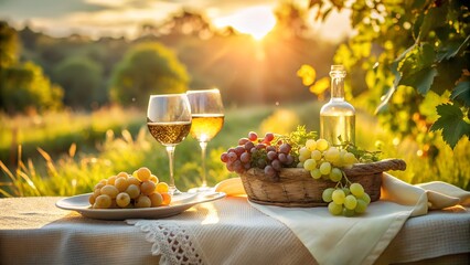 Minimal Outdoor Brunch Grapes Wine and Linen in Grass