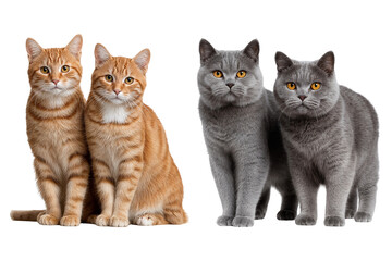 Two British Shorthair gray cats and two orange tabby cats sitting side by side, looking straight ahead. Isolated on transparent background