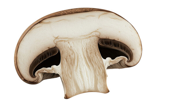 Half cut portobello mushroom with gills and stem close up view - Powered by Adobe