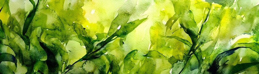 Lush green foliage depicted in a vibrant watercolor style.
