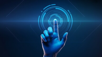 A hand touching a digital interface with glowing blue circles on a dark blue background