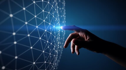 A hand touching a glowing network sphere with interconnected nodes on a blue background