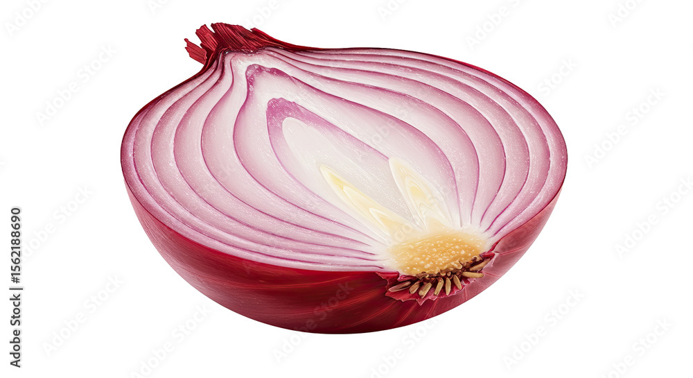 Poster Half cut red onion showing layers and texture against a dark background