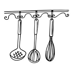 Kitchen Utensils Line Art Ladle Whisk and Spoon Vector Illustration