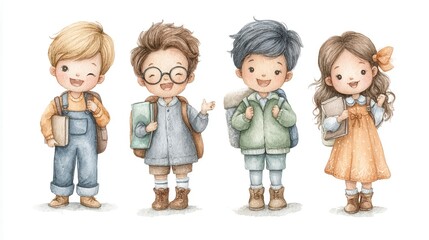 Adorable watercolor illustration of happy school kids holding books and backpacks, dressed warmly and smiling in a friendly pose.
