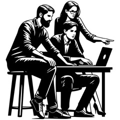 Business team collaborating around a laptop, discussing project details.