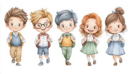 Adorable group of children in school uniforms carrying backpacks, smiling happily as they walk together on a white background.