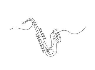 Saxophone music instrument in single outline illustration. Continuous line art drawing of saxophone.